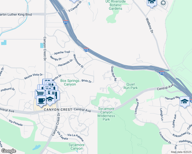 map of restaurants, bars, coffee shops, grocery stores, and more near 5082 Humboldt Court in Riverside