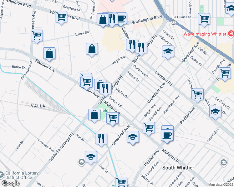 map of restaurants, bars, coffee shops, grocery stores, and more near 12619 McGee Drive in Whittier