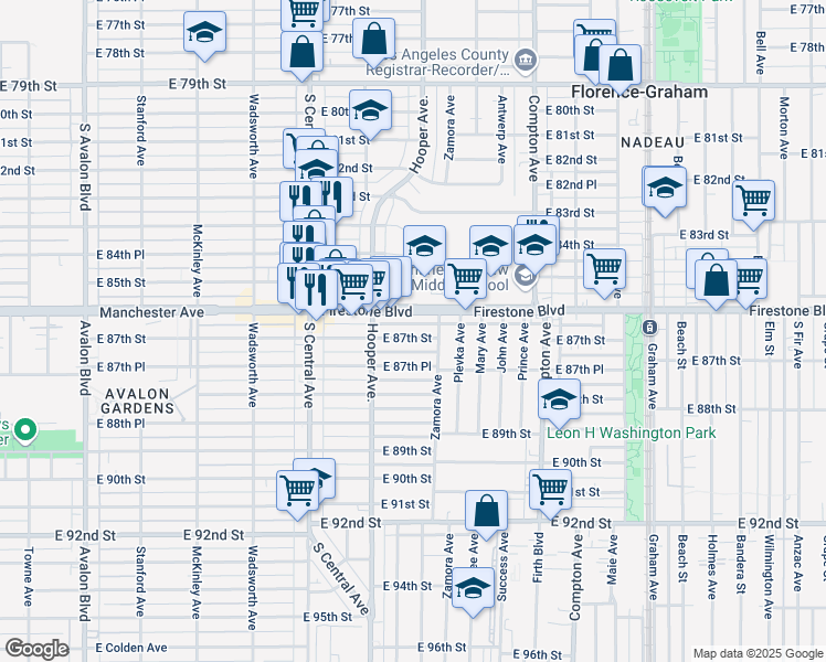 map of restaurants, bars, coffee shops, grocery stores, and more near 1248 Firestone Boulevard in Los Angeles
