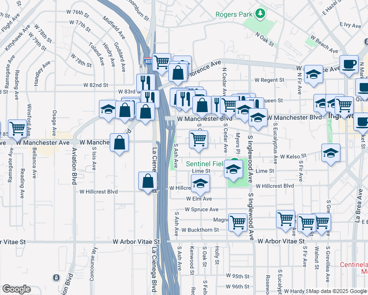 map of restaurants, bars, coffee shops, grocery stores, and more near 643 Nectarine Street in Inglewood
