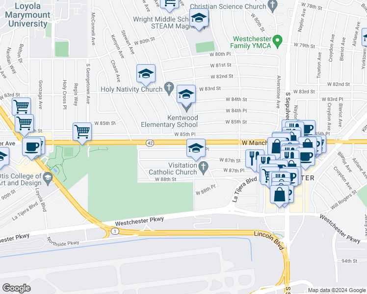 map of restaurants, bars, coffee shops, grocery stores, and more near 6630 West 85th Place in Los Angeles