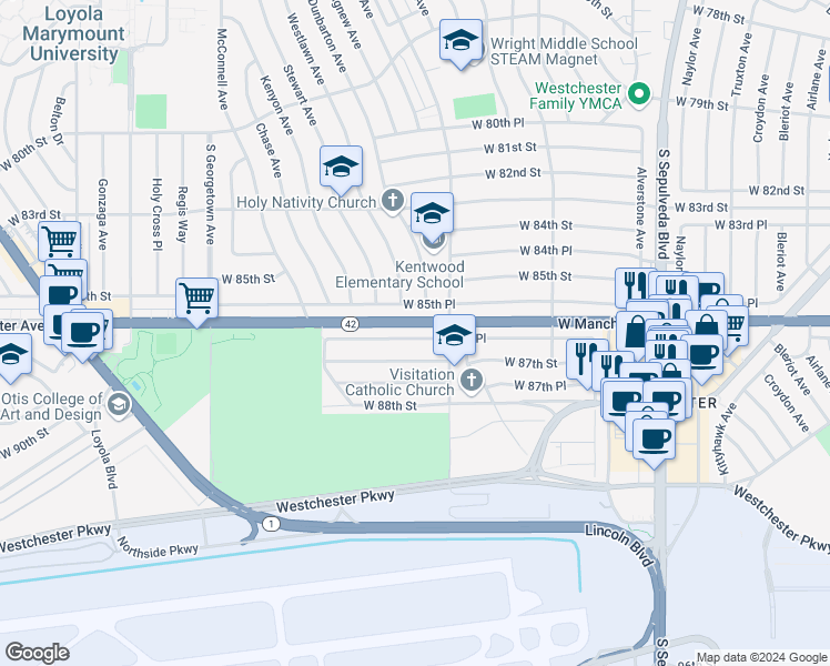 map of restaurants, bars, coffee shops, grocery stores, and more near 6630 West 85th Place in Los Angeles