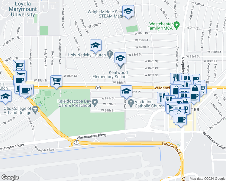 map of restaurants, bars, coffee shops, grocery stores, and more near 6630 West 85th Place in Los Angeles