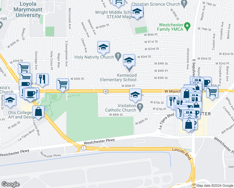 map of restaurants, bars, coffee shops, grocery stores, and more near 6680 West 85th Place in Los Angeles