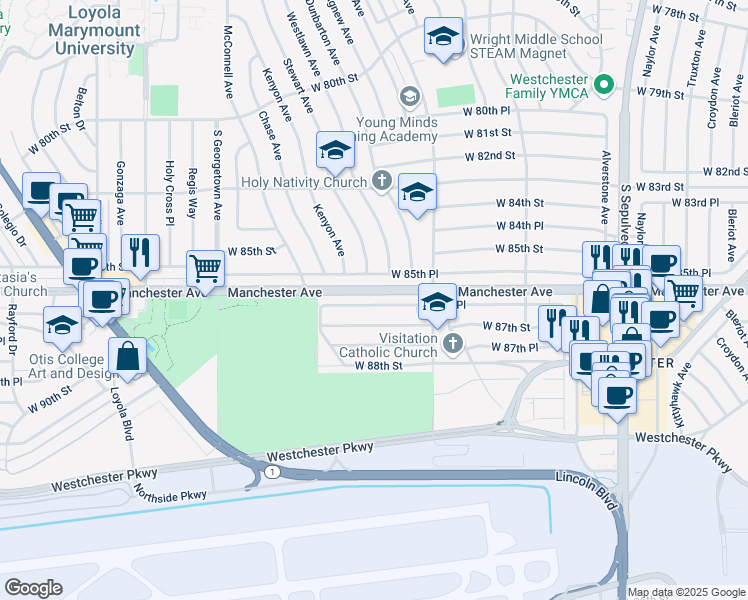 map of restaurants, bars, coffee shops, grocery stores, and more near 6680 West 85th Place in Los Angeles