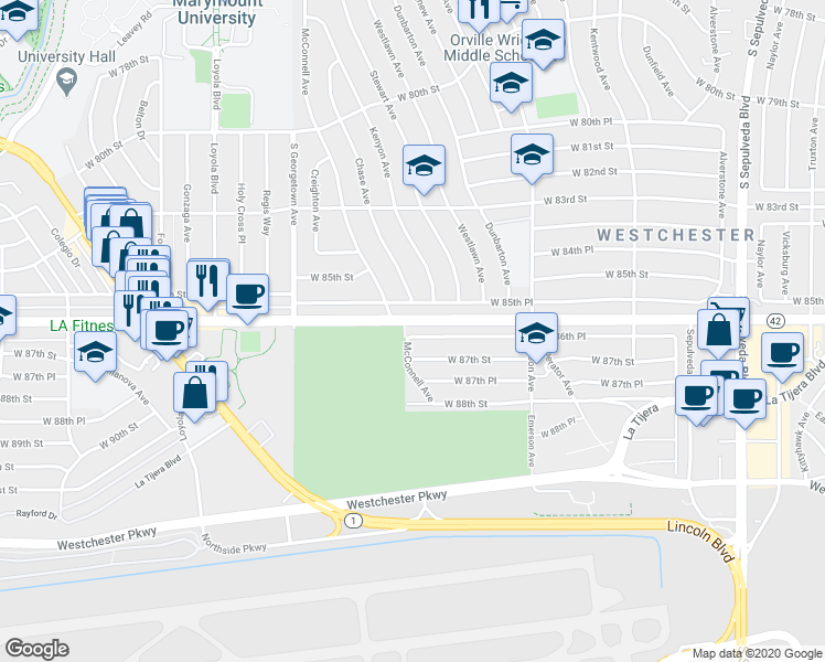 map of restaurants, bars, coffee shops, grocery stores, and more near 6730 West 85th Place in Los Angeles