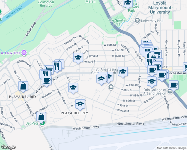 map of restaurants, bars, coffee shops, grocery stores, and more near 7605 West Manchester Avenue in Los Angeles