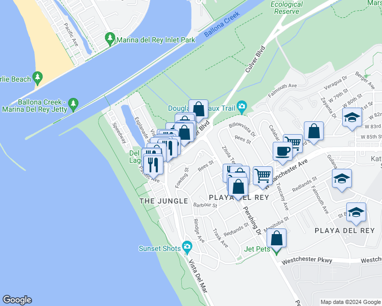 map of restaurants, bars, coffee shops, grocery stores, and more near 380 Pershing Drive in Los Angeles