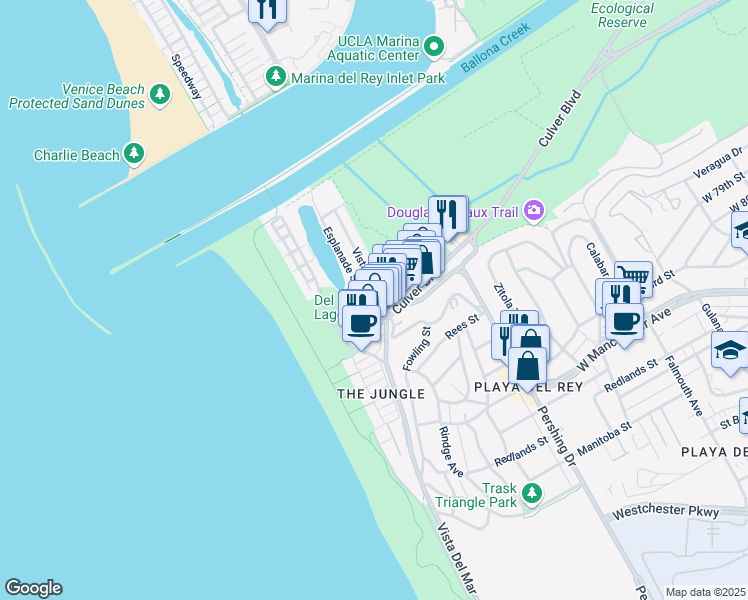 map of restaurants, bars, coffee shops, grocery stores, and more near 6661 Vista Del Mar in Los Angeles