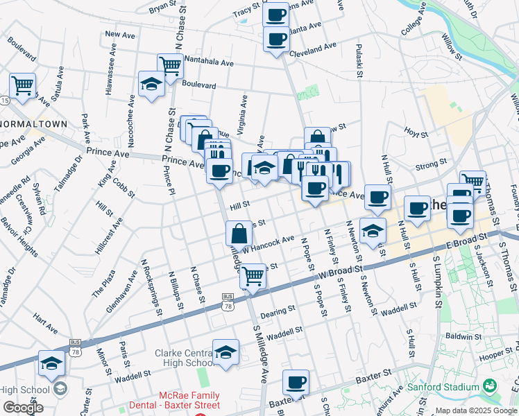 map of restaurants, bars, coffee shops, grocery stores, and more near 336 Hill Street in Athens