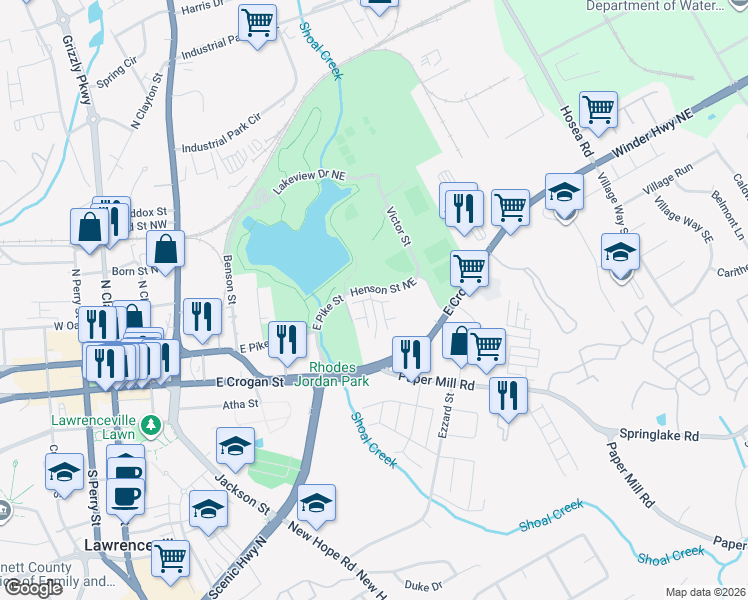 map of restaurants, bars, coffee shops, grocery stores, and more near Henson Street Northeast in Lawrenceville