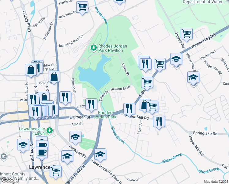 map of restaurants, bars, coffee shops, grocery stores, and more near Henson Street Northeast in Lawrenceville