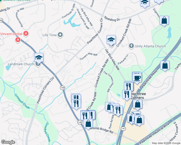 map of restaurants, bars, coffee shops, grocery stores, and more near 6355 Windsor Trace Drive in Norcross
