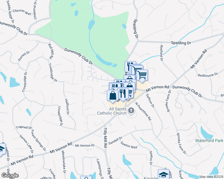 map of restaurants, bars, coffee shops, grocery stores, and more near 2033 Woodland Way in Dunwoody