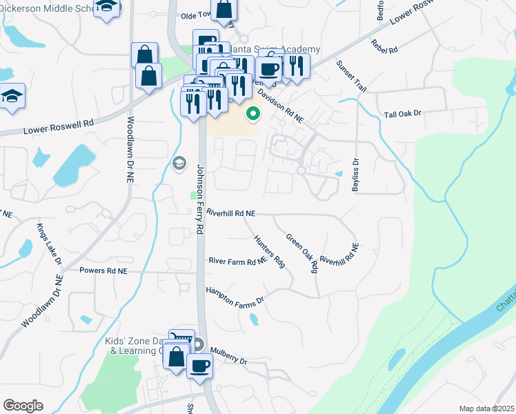 map of restaurants, bars, coffee shops, grocery stores, and more near 4919 Riverhill Road Northeast in Marietta