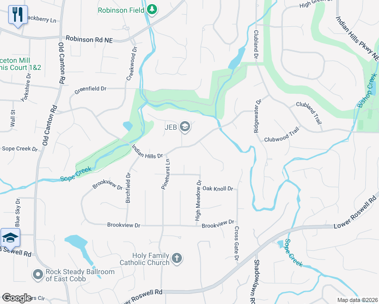 map of restaurants, bars, coffee shops, grocery stores, and more near 3445 Indian Hills Drive in Marietta