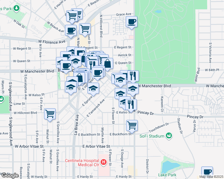 map of restaurants, bars, coffee shops, grocery stores, and more near 433 East Tamarack Avenue in Inglewood