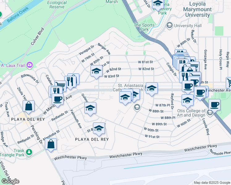 map of restaurants, bars, coffee shops, grocery stores, and more near 7605 West Manchester Avenue in Los Angeles