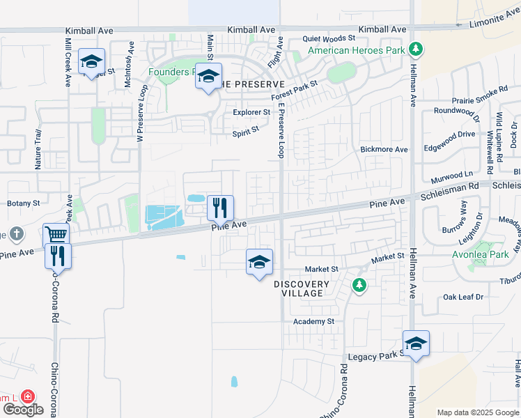 map of restaurants, bars, coffee shops, grocery stores, and more near 8445 Snapdragon Lane in Chino