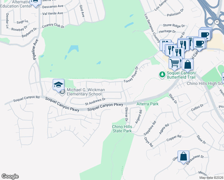 map of restaurants, bars, coffee shops, grocery stores, and more near 4570 Willowbend Court in Chino Hills