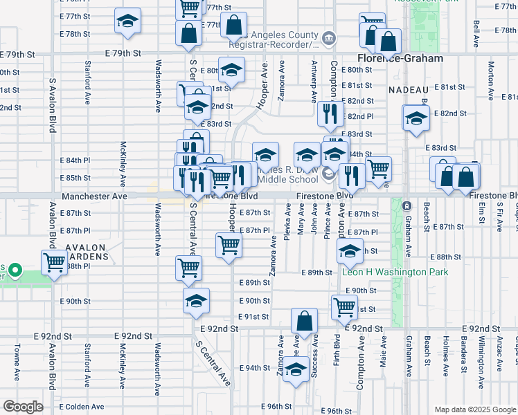 map of restaurants, bars, coffee shops, grocery stores, and more near 1248 Firestone Boulevard in Los Angeles