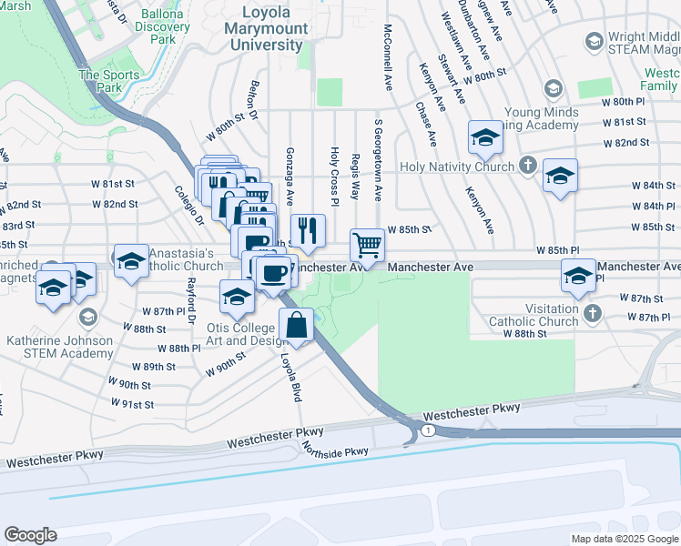 map of restaurants, bars, coffee shops, grocery stores, and more near 7000 West Manchester Avenue in Los Angeles