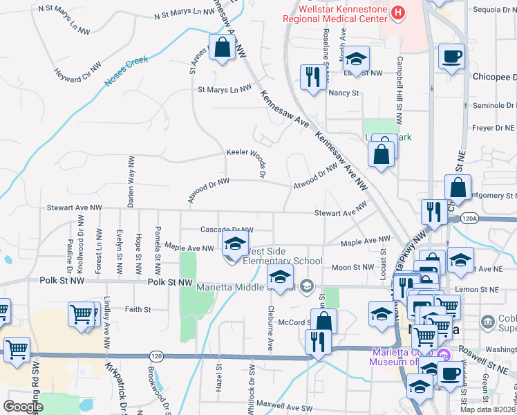 map of restaurants, bars, coffee shops, grocery stores, and more near 290 Stewart Avenue Northwest in Marietta