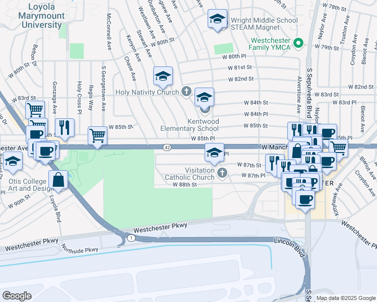 map of restaurants, bars, coffee shops, grocery stores, and more near 6655 West 86th Place in Los Angeles