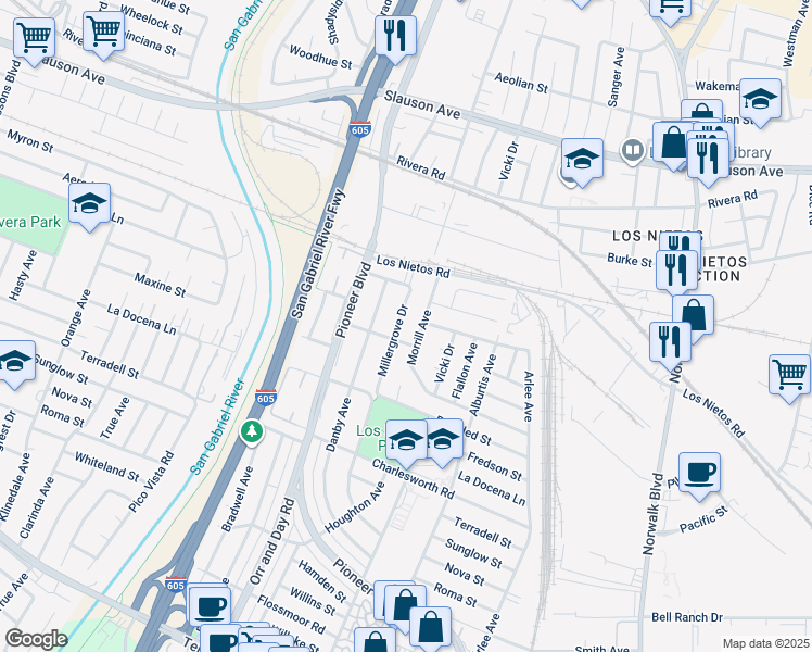 map of restaurants, bars, coffee shops, grocery stores, and more near 9051 Morrill Avenue in Santa Fe Springs