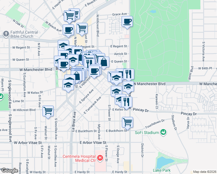 map of restaurants, bars, coffee shops, grocery stores, and more near 435 East Tamarack Avenue in Inglewood