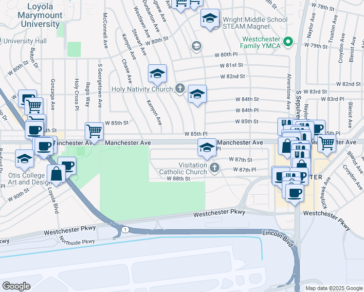 map of restaurants, bars, coffee shops, grocery stores, and more near 6655 West 86th Place in Los Angeles