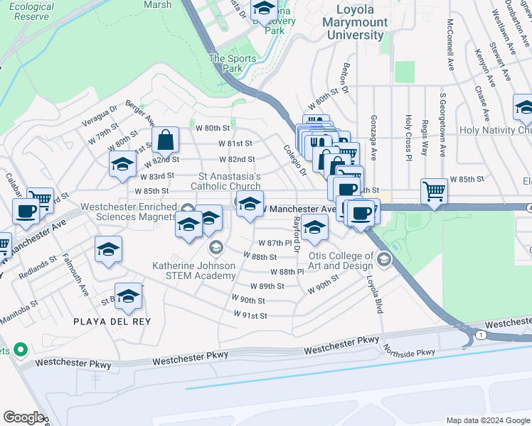 map of restaurants, bars, coffee shops, grocery stores, and more near 7354 West Manchester Avenue in Los Angeles