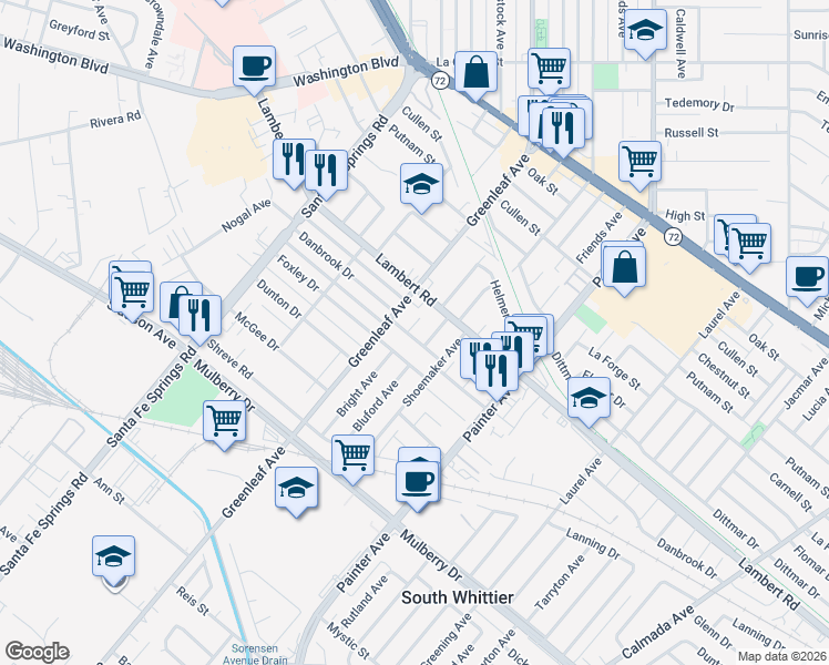 map of restaurants, bars, coffee shops, grocery stores, and more near 8738 Bright Avenue in Whittier