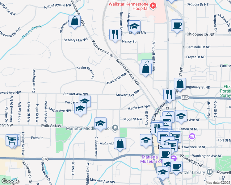 map of restaurants, bars, coffee shops, grocery stores, and more near 176 Stewart Avenue Northwest in Marietta