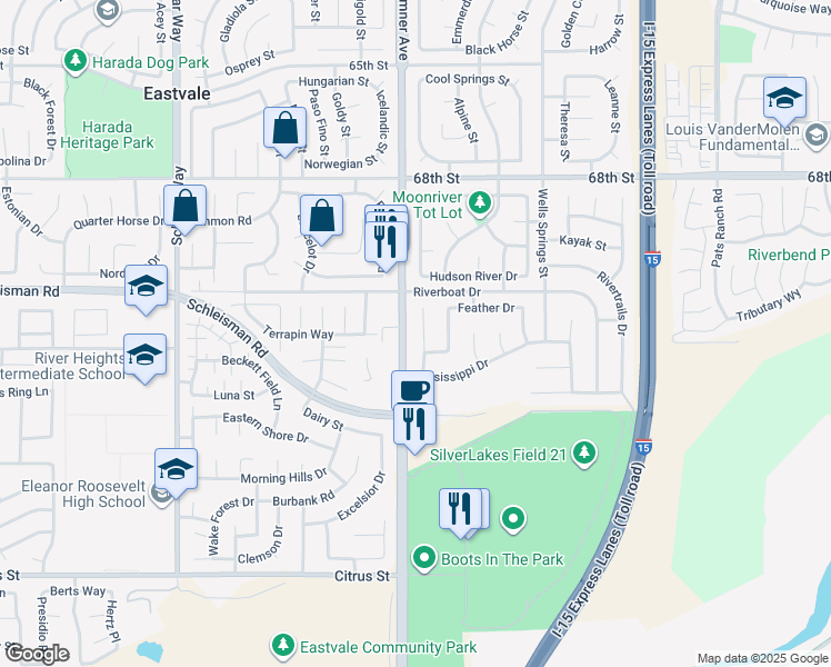 map of restaurants, bars, coffee shops, grocery stores, and more near 7061 Mackinaw Court in Eastvale