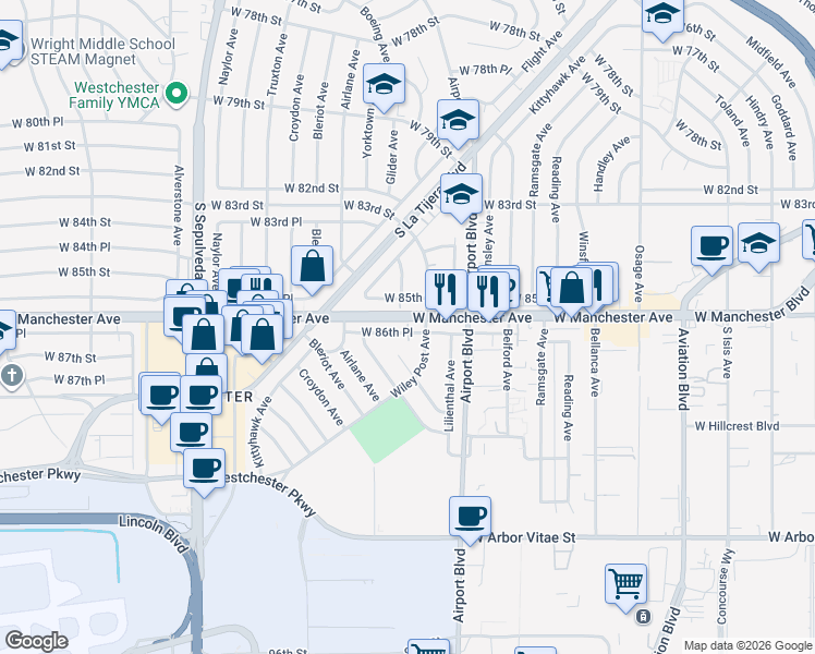 map of restaurants, bars, coffee shops, grocery stores, and more near 5971 West 86th Place in Los Angeles