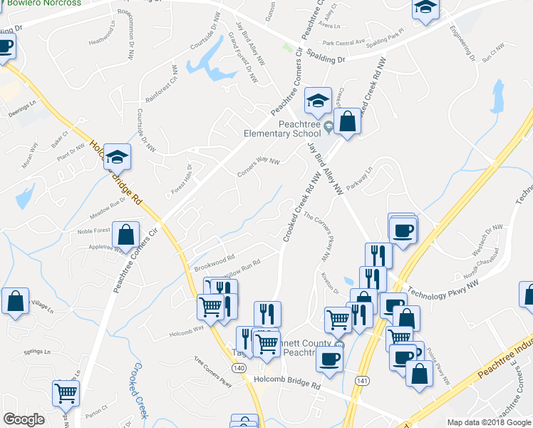 map of restaurants, bars, coffee shops, grocery stores, and more near 6355 Windsor Trace Drive in Norcross