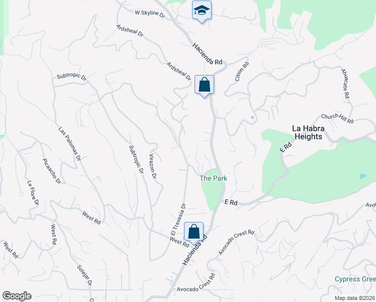 map of restaurants, bars, coffee shops, grocery stores, and more near 335 Encanada Drive in La Habra Heights