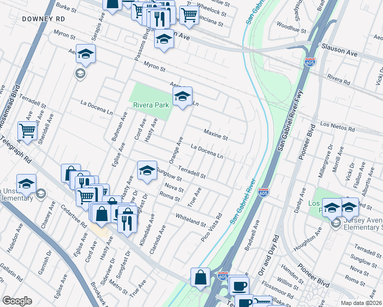 map of restaurants, bars, coffee shops, grocery stores, and more near 8315 Coopergrove Avenue in Pico Rivera