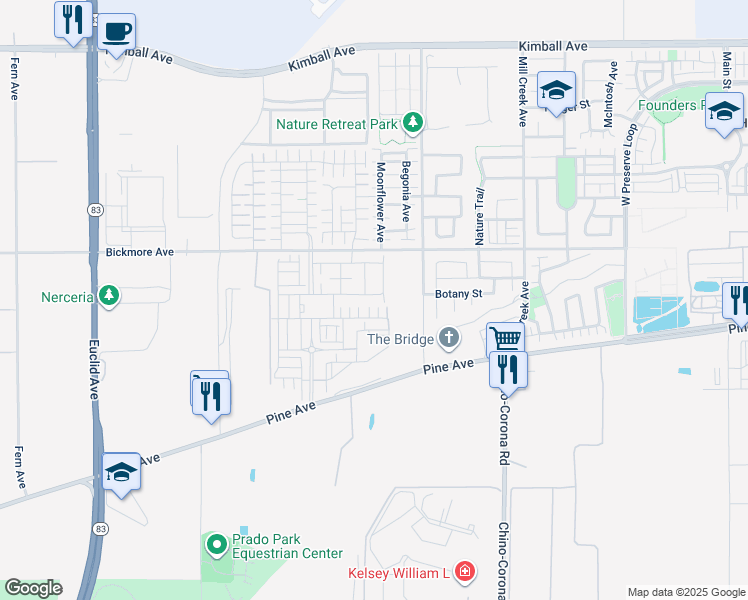 map of restaurants, bars, coffee shops, grocery stores, and more near 7589 Botany Street in Chino