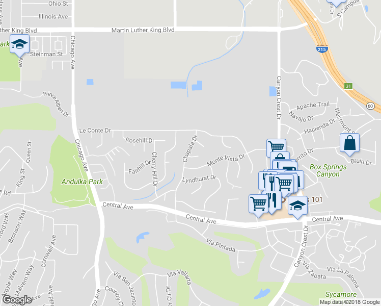 map of restaurants, bars, coffee shops, grocery stores, and more near 4990 Chapala Drive in Riverside