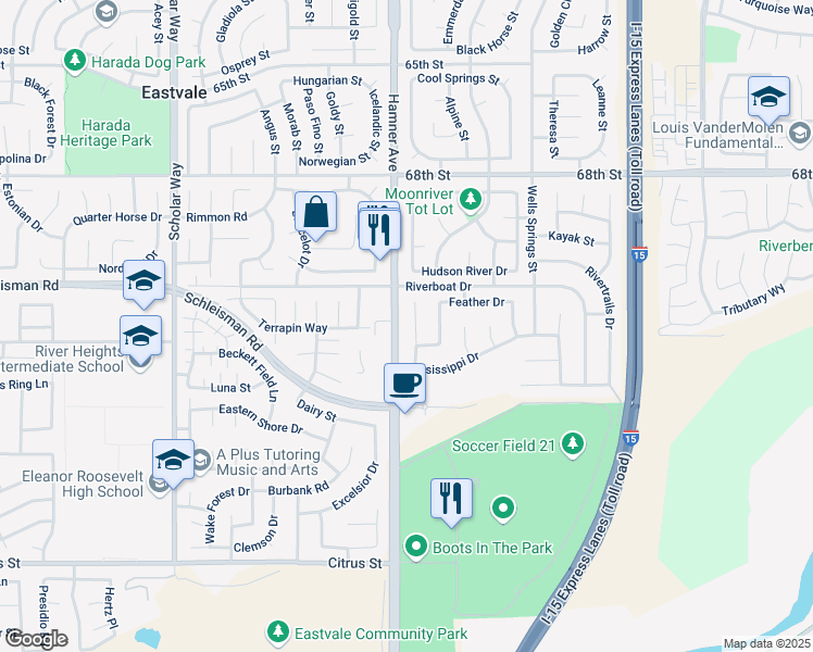 map of restaurants, bars, coffee shops, grocery stores, and more near 7061 Mackinaw Court in Eastvale