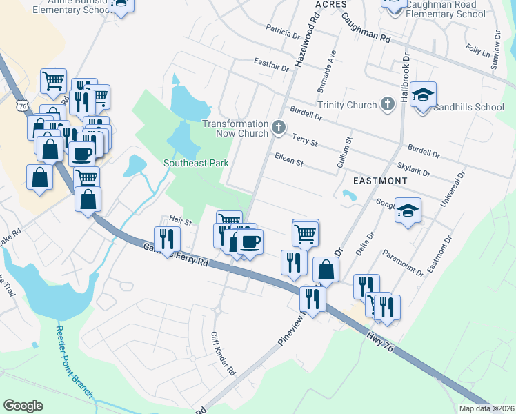 map of restaurants, bars, coffee shops, grocery stores, and more near 7513 Shiran Street in Columbia
