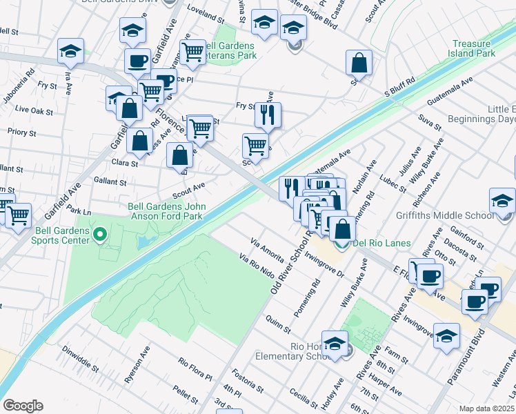 map of restaurants, bars, coffee shops, grocery stores, and more near 2 Florence Avenue in Santa Fe Springs
