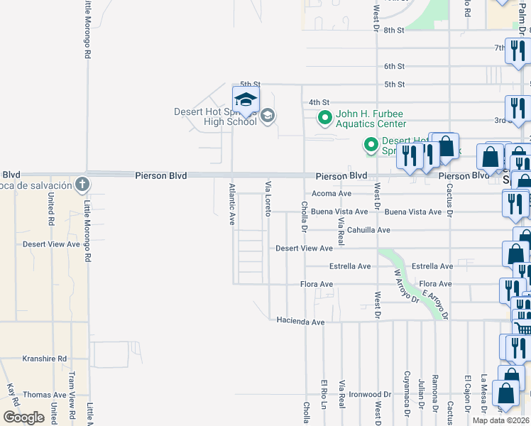 map of restaurants, bars, coffee shops, grocery stores, and more near 65565 Acoma Avenue in Desert Hot Springs