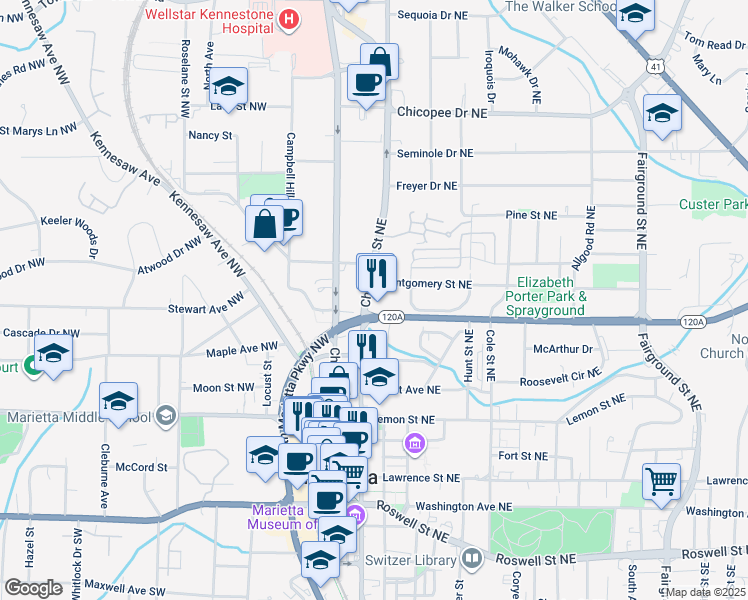 map of restaurants, bars, coffee shops, grocery stores, and more near 337 Cherokee Street Northeast in Marietta