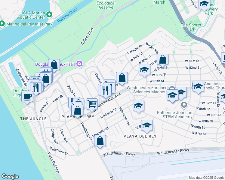 map of restaurants, bars, coffee shops, grocery stores, and more near 8040 West 83rd Street in Los Angeles