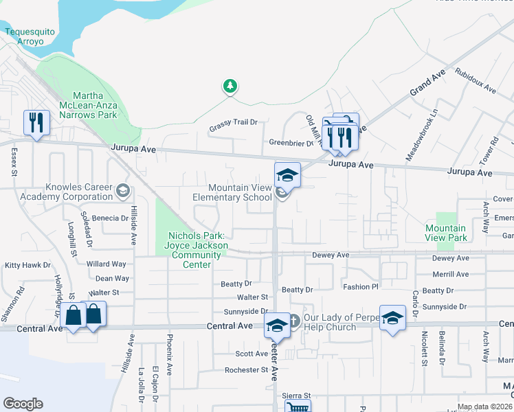 map of restaurants, bars, coffee shops, grocery stores, and more near 6146 Rhonda Road in Riverside
