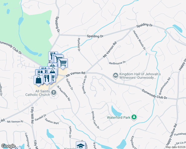 map of restaurants, bars, coffee shops, grocery stores, and more near 2190 Dunwoody Club Drive in Atlanta