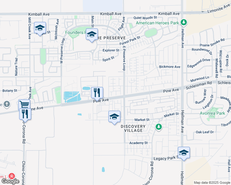 map of restaurants, bars, coffee shops, grocery stores, and more near 8459 Snapdragon Lane in Chino